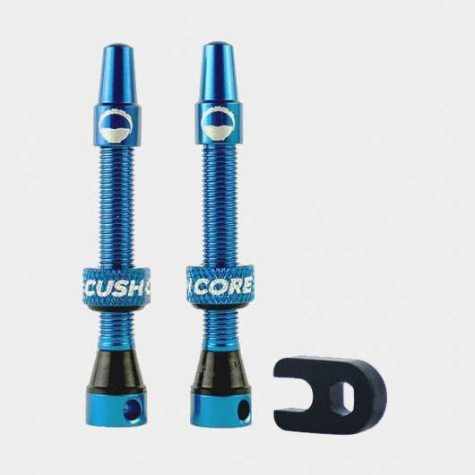 Tubelessventil CushCore Tubeless Presta Valve Set 44 mm, aluminium, 2-pack, blå + ventilkärneverktyg